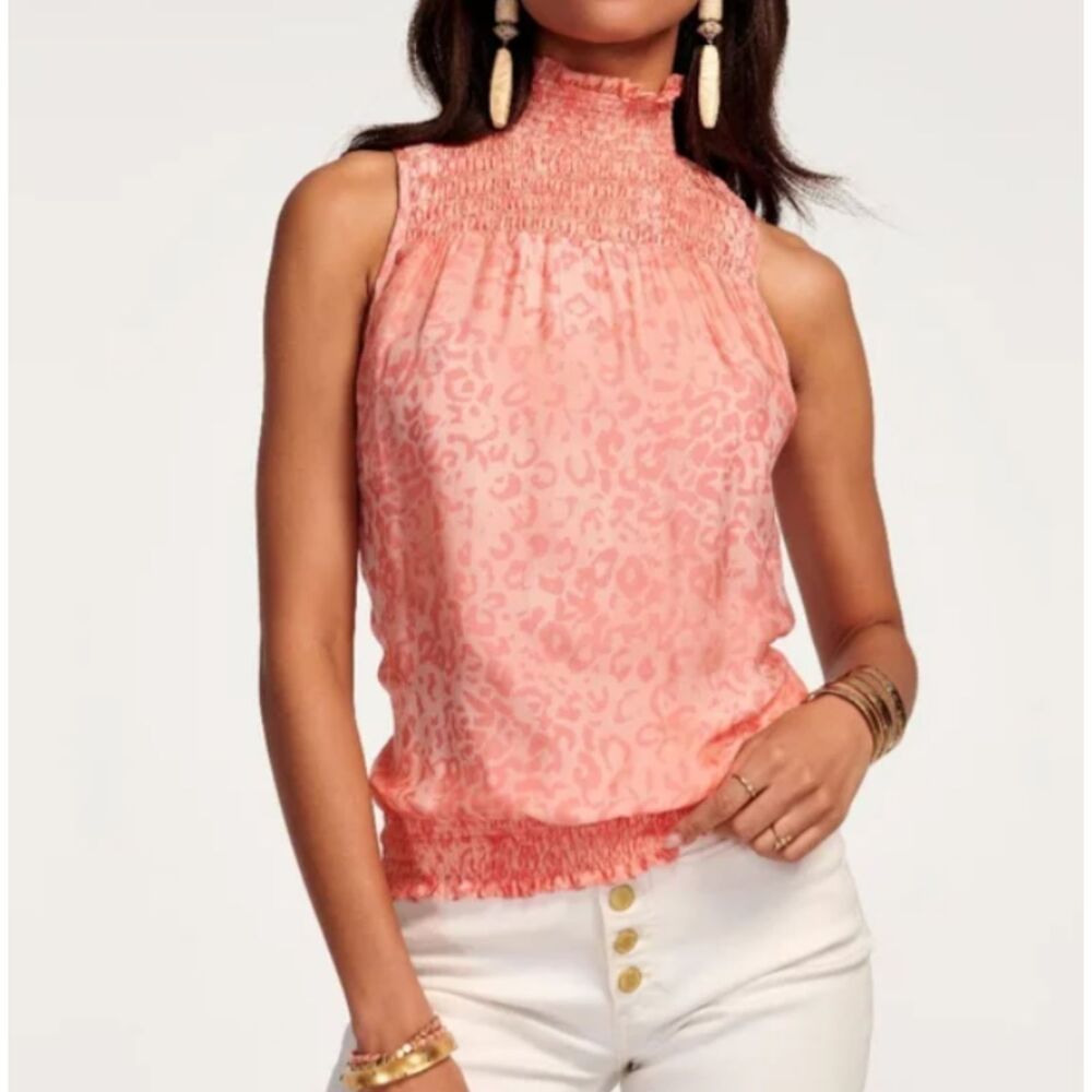 Ramy Brook Joy Sleeveless Smocked Mock Neck Top Coral Animal Print XXS